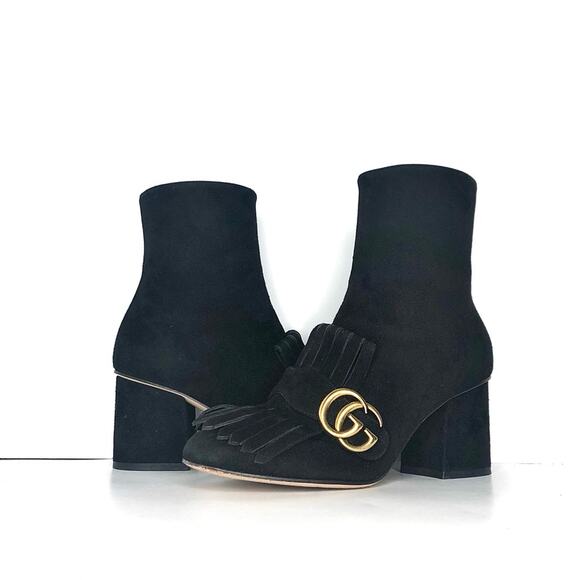 Gucci GG Marmont Fringe Black Suede Ankle Boots 36.5 - Picture 2 of 9